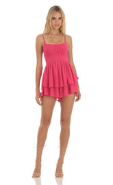 Dotted Ruffle Romper in Pink