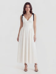 V-Neck Fitted Waist Maxi Dress with Bow Straps