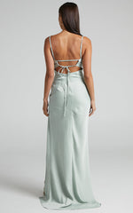 Ardent Maxi Dress - Cowl Neck Tie Back Satin Dress in Mint