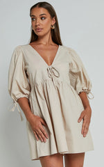 Rosita Mini Dress - Tie Front Puff Sleeve Dress in Stone