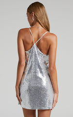 Delilaah Mini Dress - Strappy V Neck Slip Sequin Dress in Silver Sequins