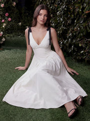 V-Neck Fitted Waist Maxi Dress with Bow Straps
