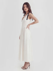 V-Neck Fitted Waist Maxi Dress with Bow Straps