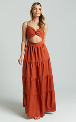Amalie The Label - Emerita Linen Blend Sweetheart Twist Front Tie Back Midi Dress in Burnt Sienna