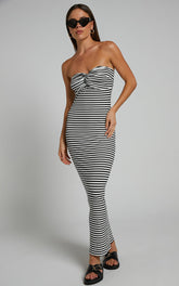Aravis Midi Dress - Twist Detail Strapless Dress in Black and White Stripe