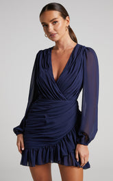 Can I Be Your Honey Mini Dress - Plunge Balloon Sleeve Dress in Navy