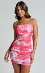 Catherine Mini Dress - Ruched Mesh Dress in Pink