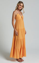 Chila Midi Dress - Strappy Tie Front Low Back Tiered Dress in Papaya Orange