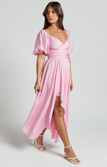 Dorothea Midi Dress - V Neck Puff Sleeve Ruched Bust in Pink