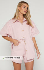 Elsa Two Piece Set - Oversized Button Through Short Sleeve Shirt High Waisted Shorts in Pale Pink