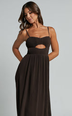 Ezri Midi Dress - Strappy Cut Out Pleated A Line Dress in Chocolate