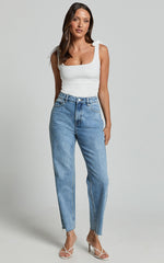 Imelda Jeans - Mid Waist Frayed Hem Recycled Denim Crop Straight Leg Jeans in Mid Blue Wash