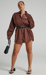 Janaya Mini Dress - Long Sleeve Shirt Dress in Chocolate