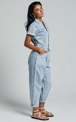 Jordyn Jumpsuit - Short Sleeve Collared Button Through Denim Jumpsuit in Light Blue