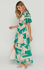 Lindey Midi Dress - Side Cut Plunge Neck Puff Sleeve Dress in Green and Cream Geo