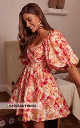 Amalie The Label - Penelopia Linen Look Blend Puff Sleeve Twist Bodice Mini Dress in Sienna Print