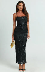 Mina Midi Dress Embroidered Mesh Dress in Black