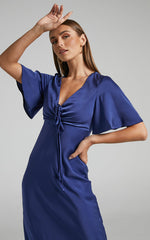 Nicholla Midi Dress - Ruched Front Angel Sleeve Slip Dress in Navy
