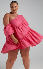 Harleen Mini Dress - Linen Asymmetrical Trim Puff Sleeve Dress in Pink