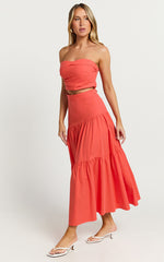 Schiffer Two Piece Set - Strapless Top and Tiered Midi Skirt in Red