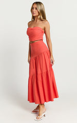 Schiffer Two Piece Set - Strapless Top and Tiered Midi Skirt in Red