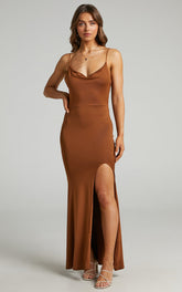 Tasteful Maxi Dress - Cowl Neck Bodycon Thigh Split Dress in Chocolate