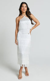 Trixie Maxi Dress - Diamond Halter Neck Fringe Tiered Dress in White