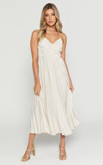 Zayla Midi Dress - Plisse Twist Front Dress in Oyster