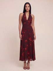 Halter V-neck Drop Waist Georgette Midi Dress