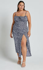 Willa Midi Dress - Ruched Bust Thigh Split Dress in Blue Floral