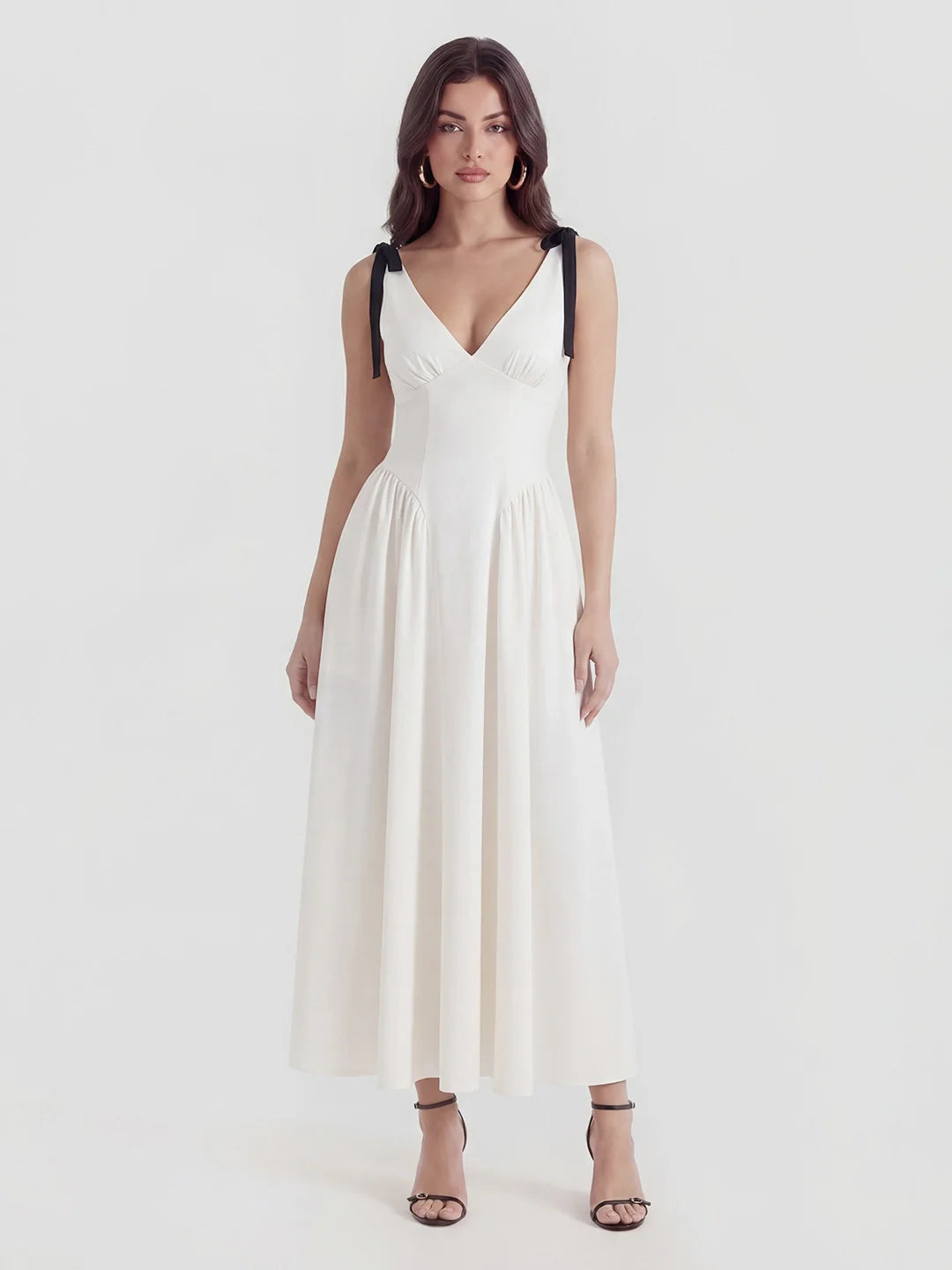 V-Neck Fitted Waist Maxi Dress with Bow Straps