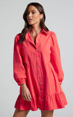 Maulee Mini Dress - Frill Hem Shirt Dress in Oxy Fire