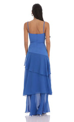 Long Ruffle Maxi Dress In Blue