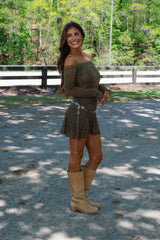 Off the Shoulder Lace Dress-Olive