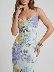 Romantic Cowl Neck Floral Chiffon Maxi Dress