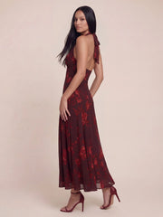 Halter V-neck Drop Waist Georgette Midi Dress
