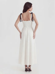 V-Neck Fitted Waist Maxi Dress with Bow Straps