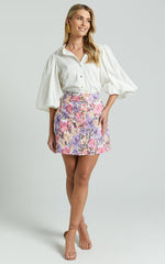 Amalie The Label - Hanae Linen Blend Collared Button Through Puff Sleeve Shirt in White