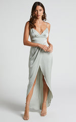 Azrael Midi Dress - V Neck Satin Tulip Dress in Sage