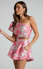 Brailey Two Piece Set - One Shoulder Puff Sleeve Top and Shorts Set in Light Pink Jacquard