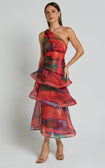 Chelsea Midi Dress - One Shoulder Tie Strap Layered Dress in Print