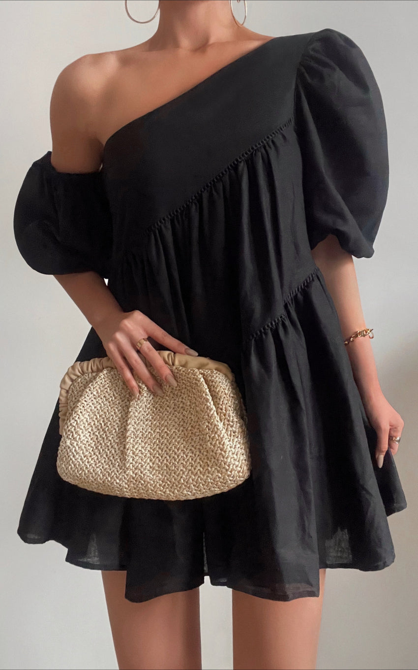 Harleen Mini Dress - Linen Asymmetrical Trim Puff Sleeve Dress in Black