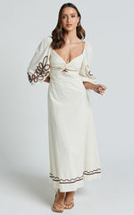 Isadora Midi Linen Blend Dress - Cut Out Long Sleeve Contrast Embroidery Dress in Natural