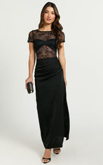 Jonna Midi Dress - Short Sleeve Boat Neck Lace Midi Dress in Black