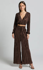 Kallie Pants - High Waist Drawstring Plisse Pants in Chocolate