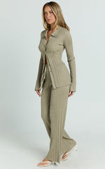 Kelsey Top - Button Through Long Sleeve Knitted Top in Taupe