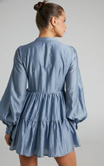 Kyra Mini Dress - Pin Tuck Detail Tiered Shirt Dress in Blue
