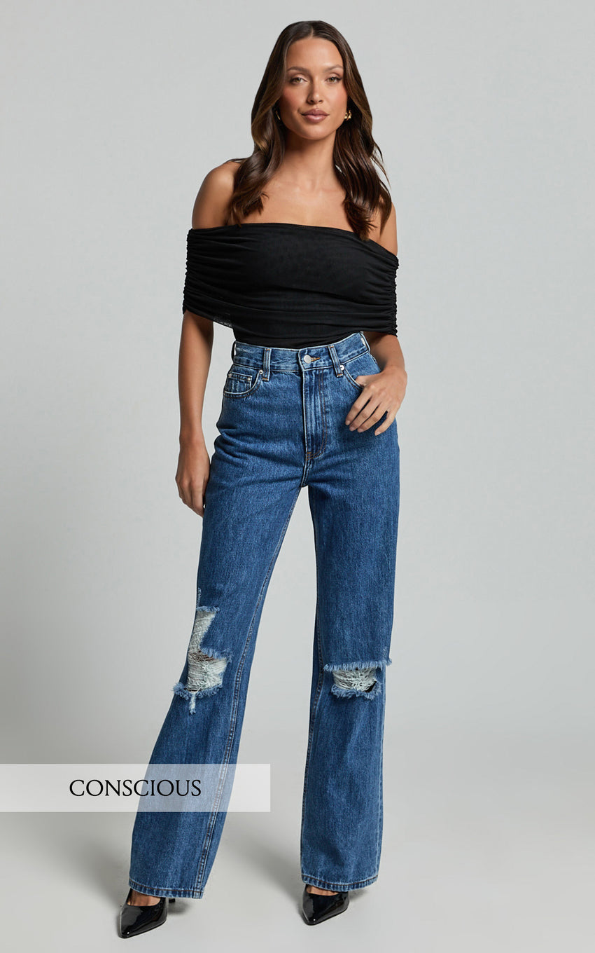 Miho Jeans - High Waisted Recycled Cotton Distressed Straight Leg Denim Jeans in Dark Blue Wash
