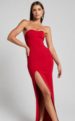 Oriella Maxi Dress - Panelled Thigh Split Strapless Dress in Red