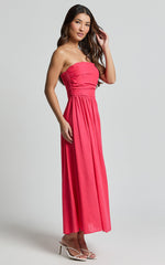 Polly Midi Dress - Strapless Ruched Dress in Lipstick Pink